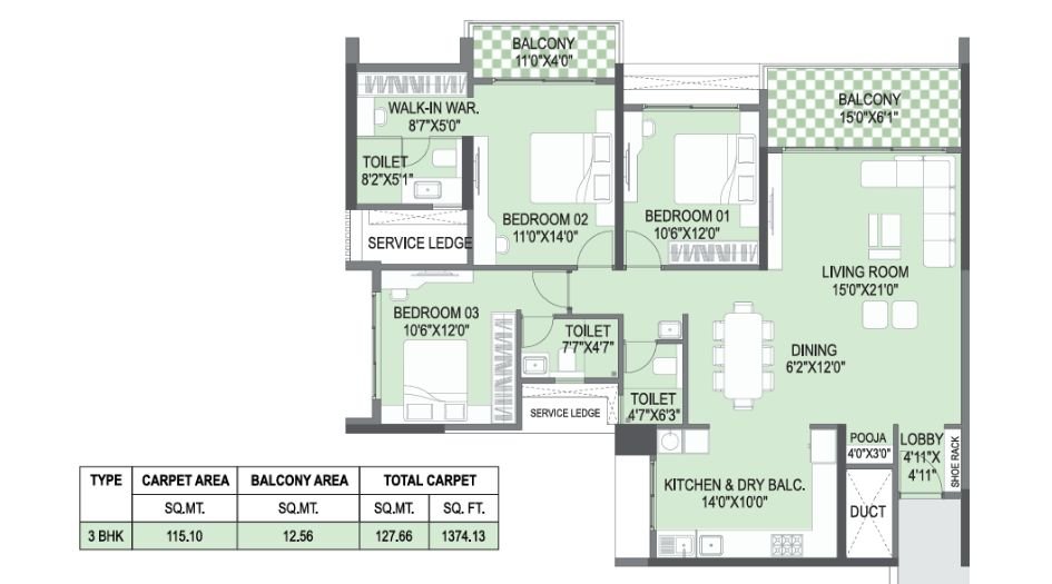 Yashada-EarthSong-FLoor-Plan-3 BHK-1374 Sqft